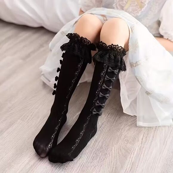 Lolita women's/Girls Lace Sweet Bow Socks Japanese Style Calf Ruffle Bows NEW - Picture 1 of 3